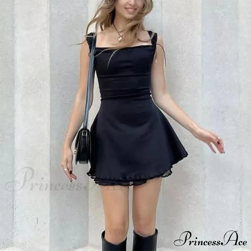 Layered Two Tone Strap Graceful Tie Up Mini Dress