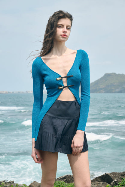 Leather-Buckle Slim Cardigan