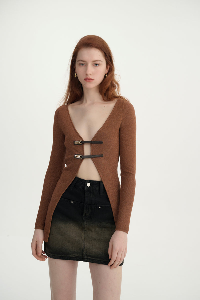 Leather-Buckle Slim Cardigan