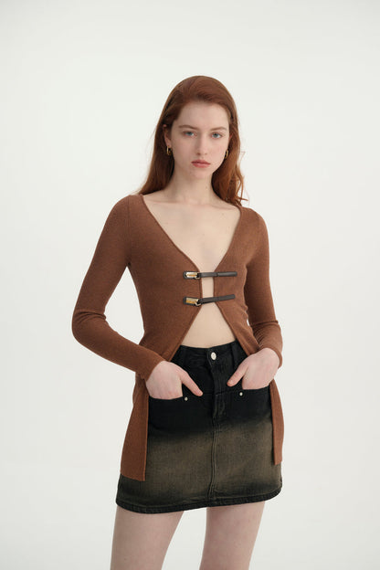Leather-Buckle Slim Cardigan