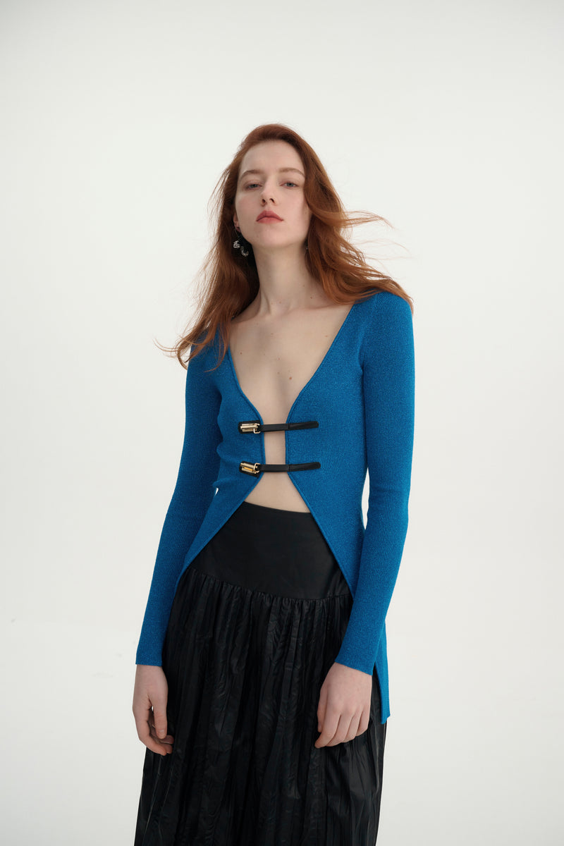 Leather-Buckle Slim Cardigan