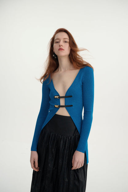 Leather-Buckle Slim Cardigan