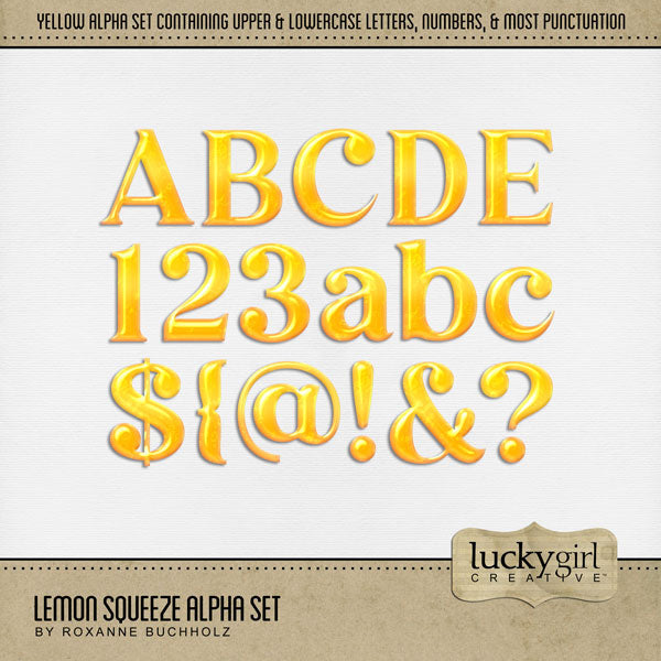 Cozy up your digital scrapbooking page titles with this tasty tea-inspired alpha set by Lucky Girl Creative digital art! Great for summer, tropical, vacation, and lemonade stand pages, too! The alpha set consists of a full set of digital art uppercase alphabet letters A-Z, lowercase letters a-z, numbers 0-9, and most punctuation marks. This alpha set is available as individual embellishments only. This kit is included in the Tea Alpha Bundle.