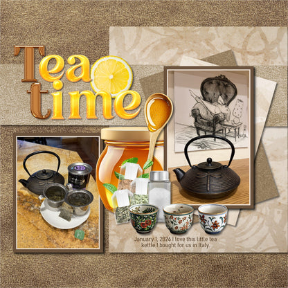 Cozy up your digital scrapbooking pages with these realistic tea-inspired embellishments, papers, and clusters. Great for tea shops, time with girlfriends, afternoon tea, vacations to Asia, China, Japan, and more! Embellishments include apron, cookie, hearts, bread, loaf, pound cake, bakery, baked goods, hot tea, ice tea, iced tea, bubble tea, boba tea, stool, cafe, cup lid, tea shop, ginger, honey, honey dipper, honey spoon, tea infuser, hot water heater pot, pitcher, Japanese tea cups, Japanese Tea House.