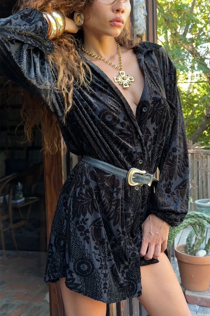 Loretta Black Velvet Burnout Mini Dress styled in a complete look from an alternate angle.