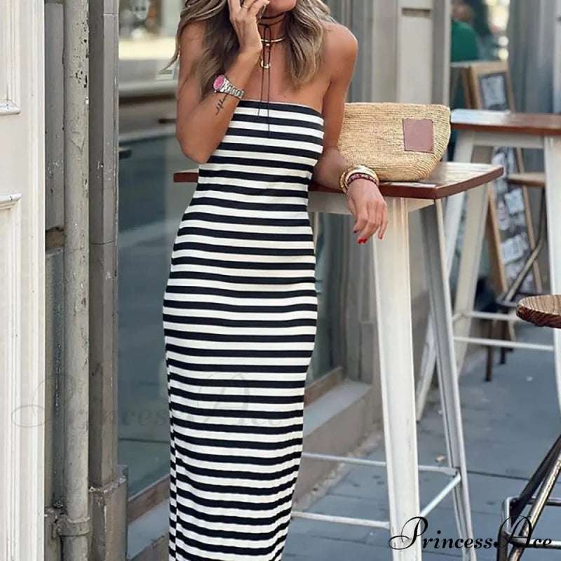 Loungewear Fashion Party Dress Modern Sleeveless Sexy Striped Ladies 01 Black / S