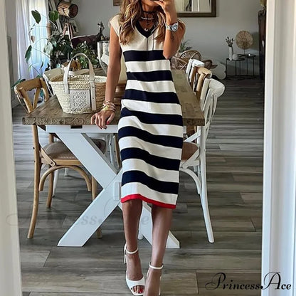 Loungewear Fashion Party Dress Modern Sleeveless Sexy Striped Ladies 02 Black / S