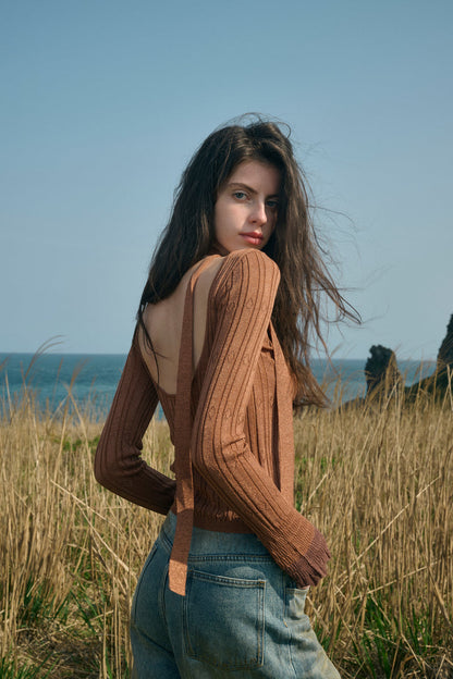 Low back knit top with scarf