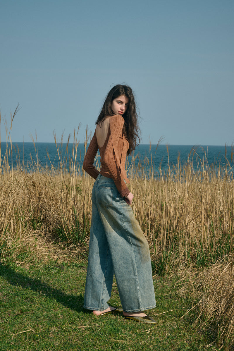 Low back knit top with scarf