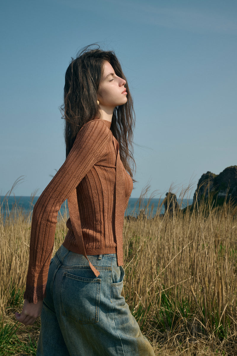 Low back knit top with scarf