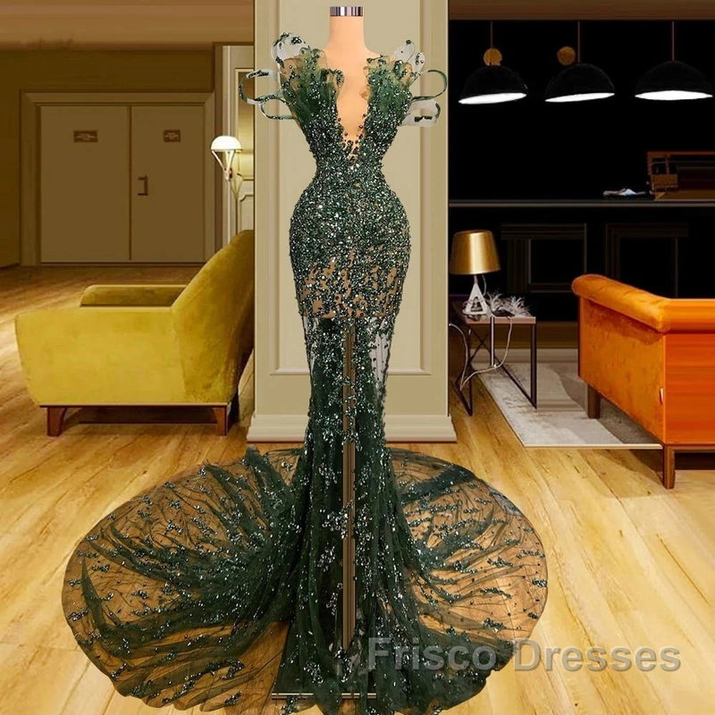 Luxury See Through Beaded Formal Prom Dress Bodycon Sexy Formal Prom Evening Dress