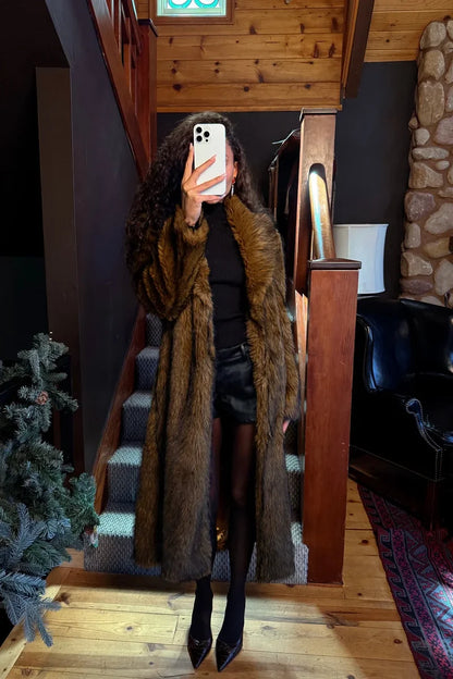 Brown faux fur jacket with refined accents, a brown fur essential.