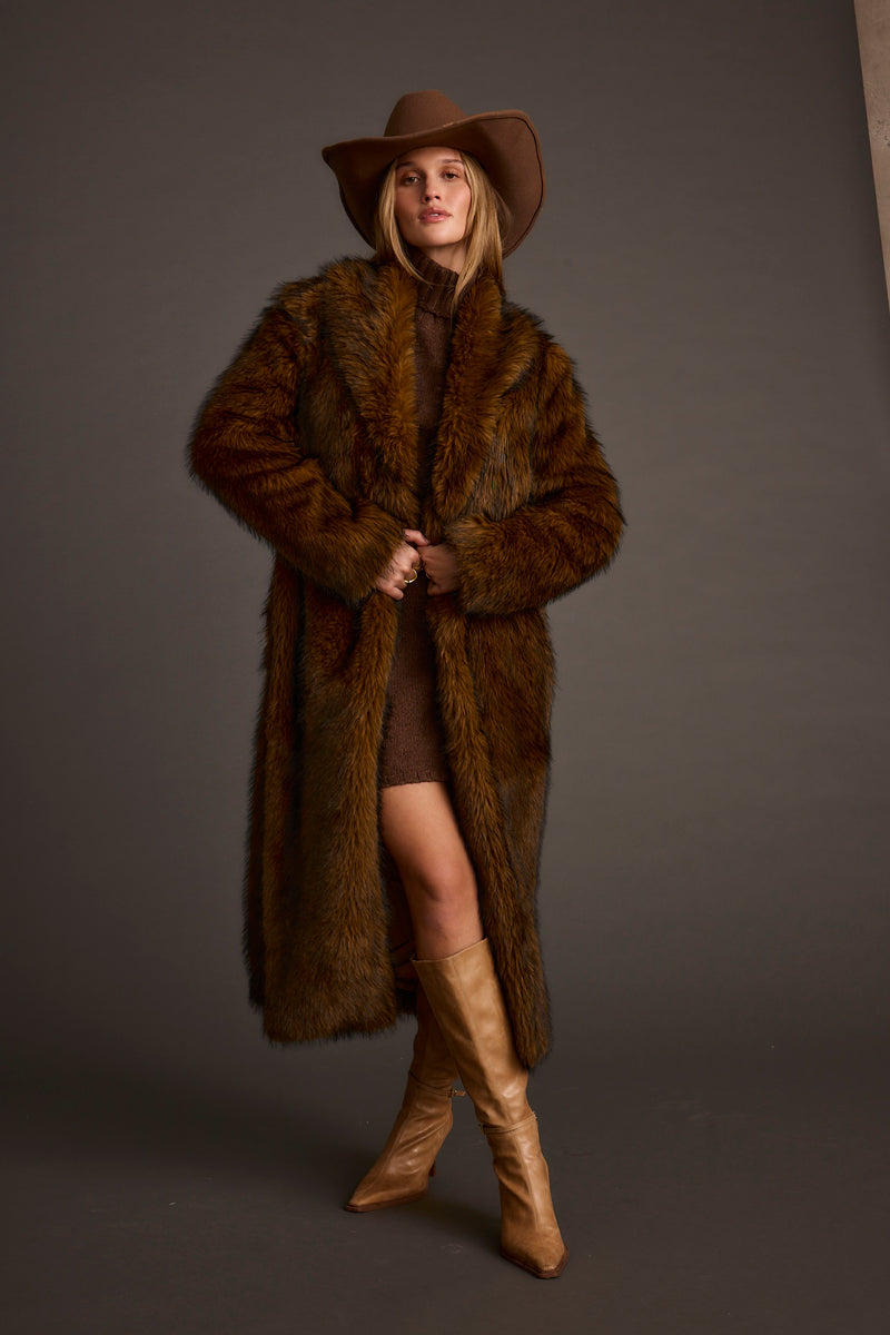 Product view of the Manhattan Brown Faux Fur Coat showcasing versatility and wearability.
