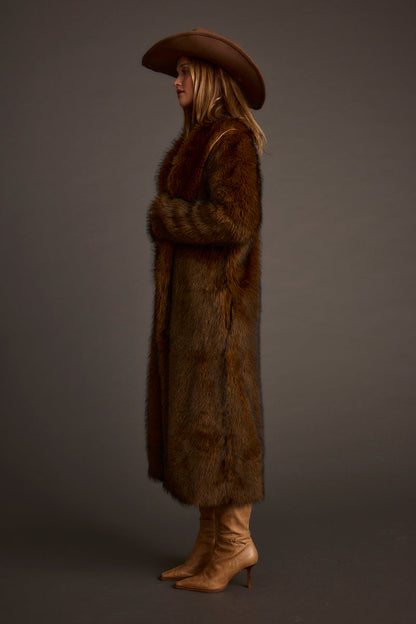 Additional view of the Manhattan Brown Faux Fur Coat from a different perspective.