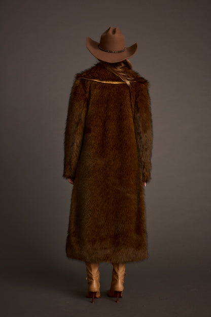 Manhattan Brown Faux Fur Coat shown in a complementary styling arrangement.