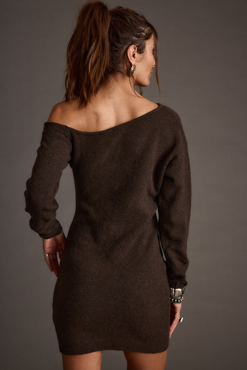 Back view of the mocha mini dress showing the silhouette and fit.
