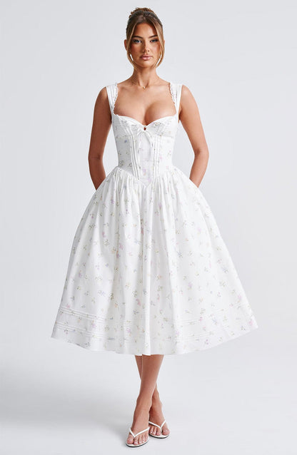Marlena Midi Dress - White Multi Floral Print Dress Babyboo Fashion Premium Exclusive Design