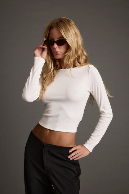 Matti White Boat Neck Top styled in a complete look from an alternate angle.