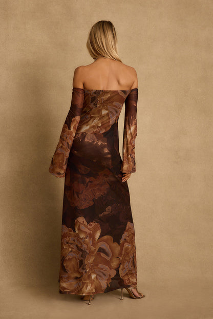 Merritt Mocha Floral Mesh Maxi Dress