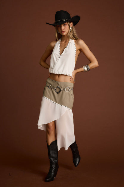 Mesa Muse Studded Midi Skirt paired with complementary accessories for a polished look.