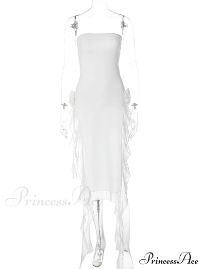 Mesh Fringe Flower Charming Tube Midi Dress