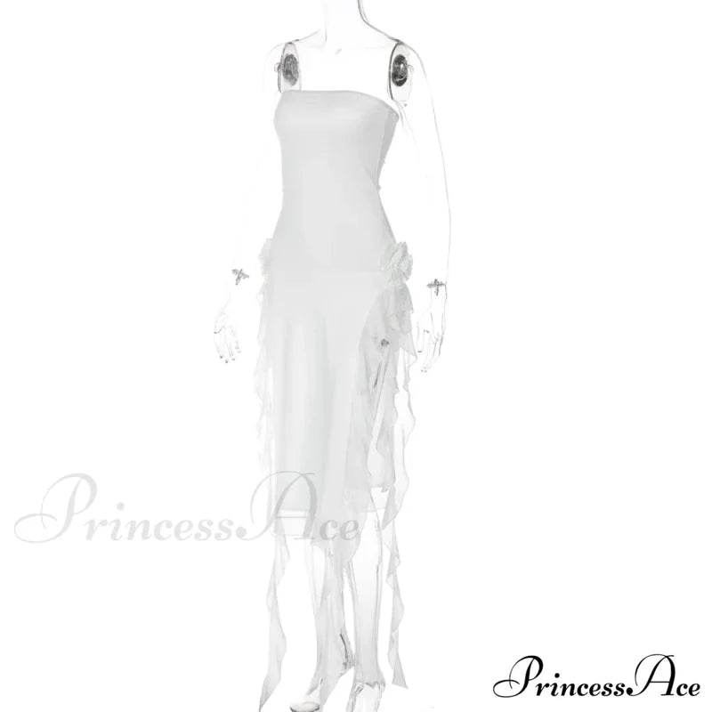 Mesh Fringe Flower Charming Tube Midi Dress