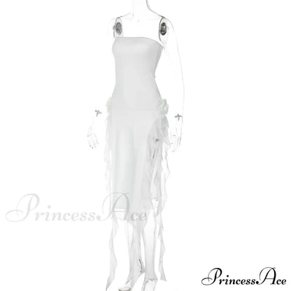 Mesh Fringe Flower Charming Tube Midi Dress