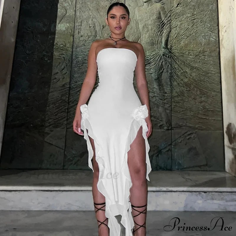 Mesh Fringe Flower Charming Tube Midi Dress