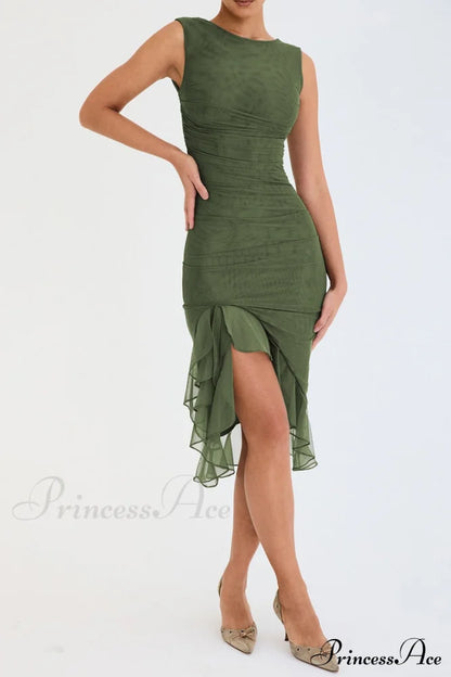Mesh Ruffle Stylish Sleeveless Midi Dress