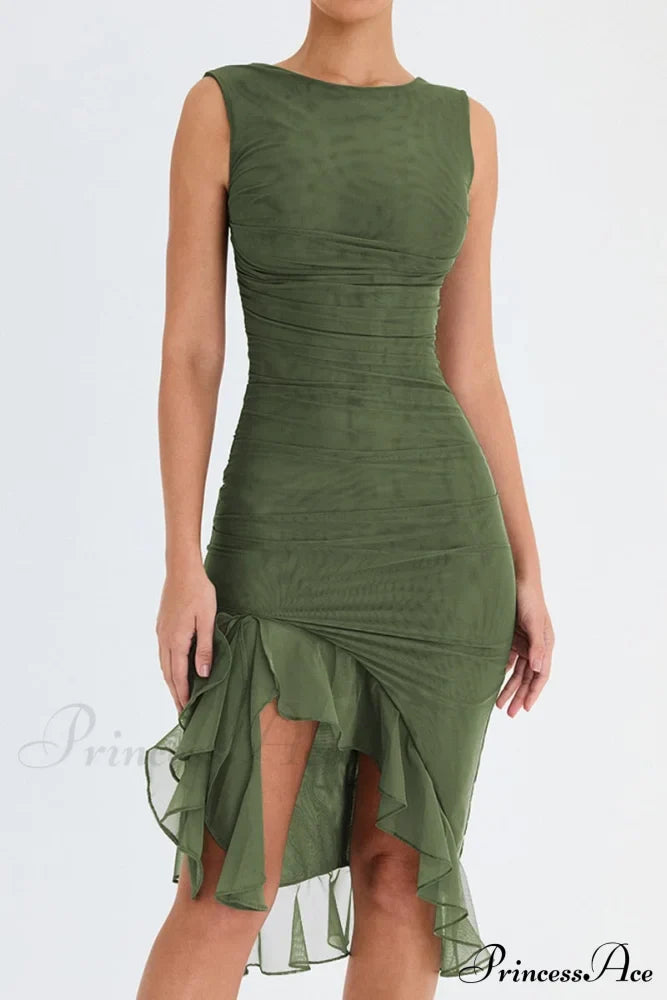 Mesh Ruffle Stylish Sleeveless Midi Dress