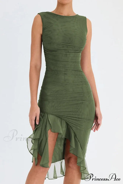 Mesh Ruffle Stylish Sleeveless Midi Dress