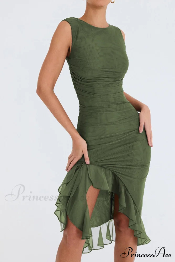 Mesh Ruffle Stylish Sleeveless Midi Dress