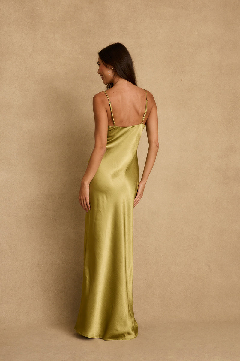 Mirabella Chartreuse Satin Maxi Dress