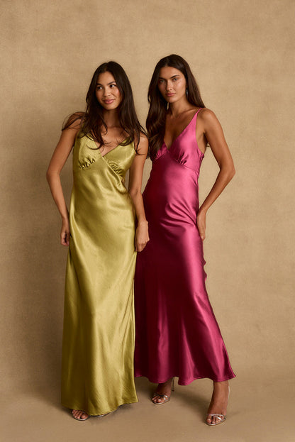 Mirabella Chartreuse Satin Maxi Dress