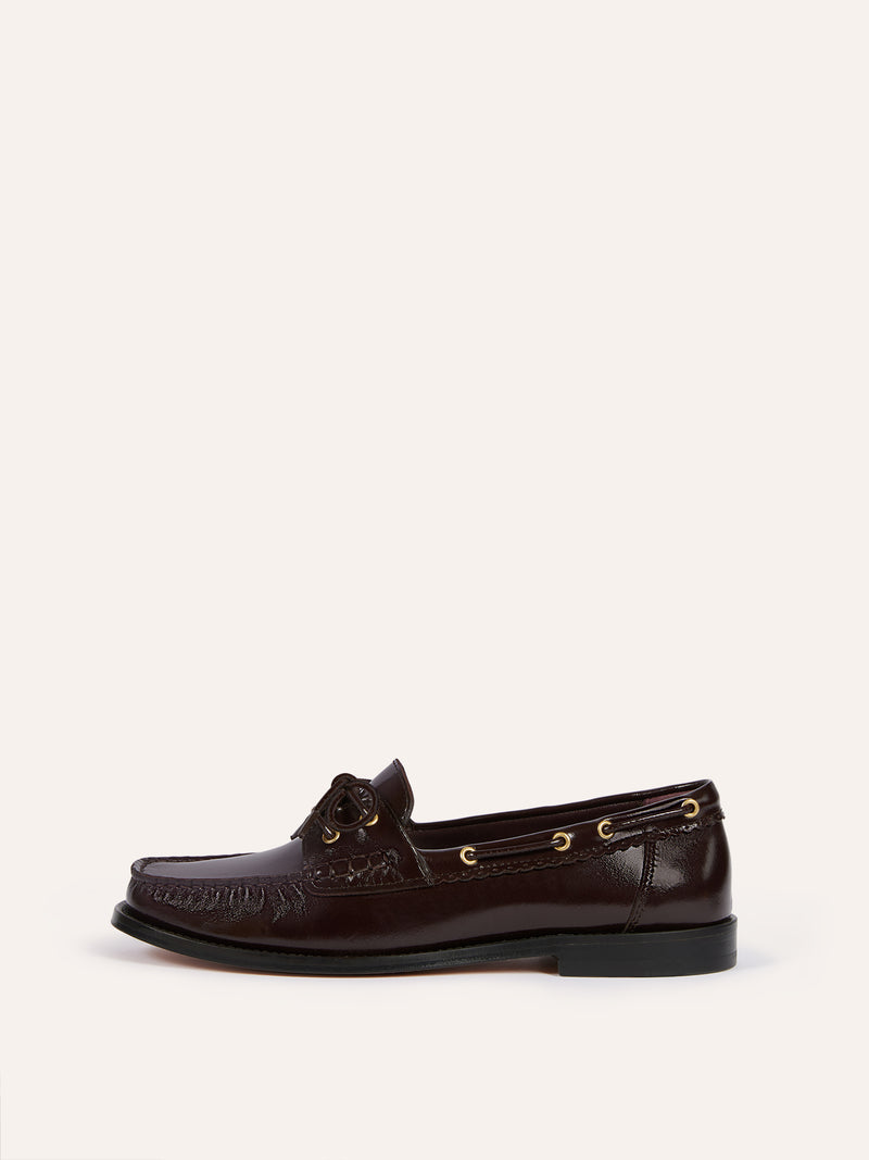 MOC coffee patent leather loafers, front view by Rouje