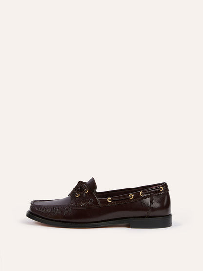 MOC coffee patent leather loafers, front view by Rouje