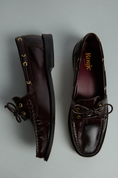 MOC coffee patent leather loafers, flat packshot by Rouje
