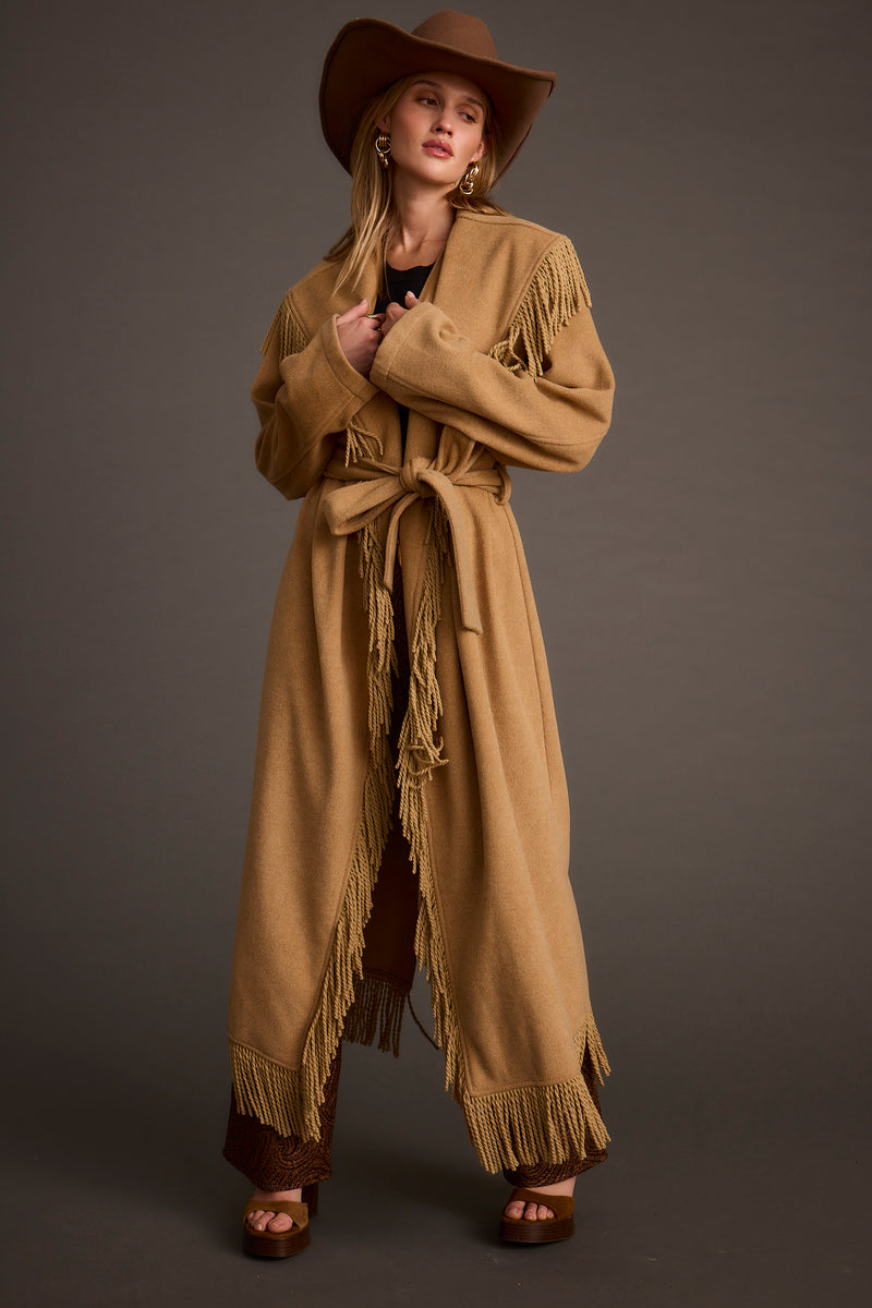 Montrose Camel Fringe Coat shown in a complementary styling arrangement.