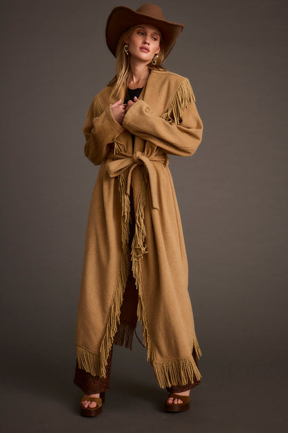 Montrose Camel Fringe Coat shown in a complementary styling arrangement.