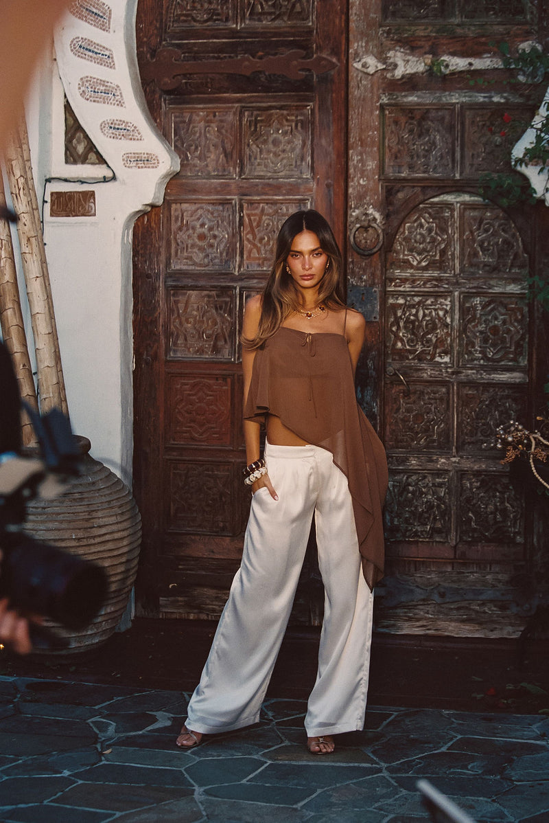 Moonlit Kiss Cream Satin Trousers styled in a complete look from an alternate angle.