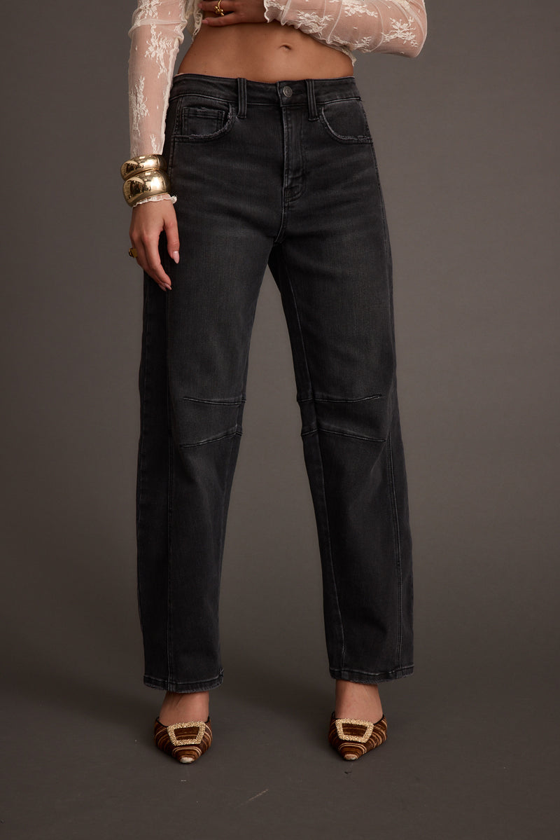 Close-up of the Muse Washed Black Barrel Denim Jeans showcasing the denim texture and craftsmanship.