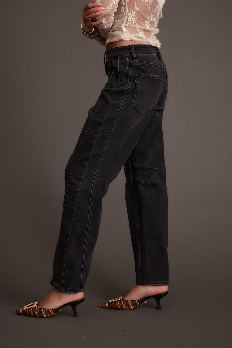 Muse Washed Black Barrel Denim Jeans styled in a complete look from an alternate angle.