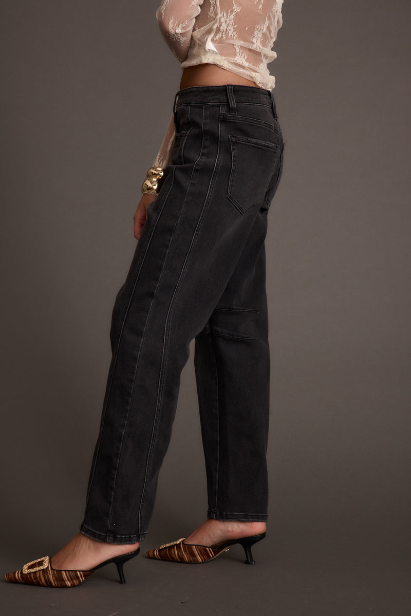 Muse Washed Black Barrel Denim Jeans paired with complementary accessories for a polished look.