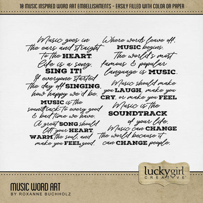 Perfect for musical performances, recitals, singing, concerts, band, choir, theatre, theater, weddings, and anything music or song related, these word art embellishments by Lucky Girl Creative will add warmth and authenticity to all your pages. This digital scrapbooking kit is included in the Music Watercolor Bundle.