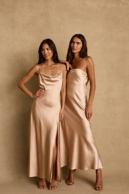 Natalia Champagne Satin Maxi Dress