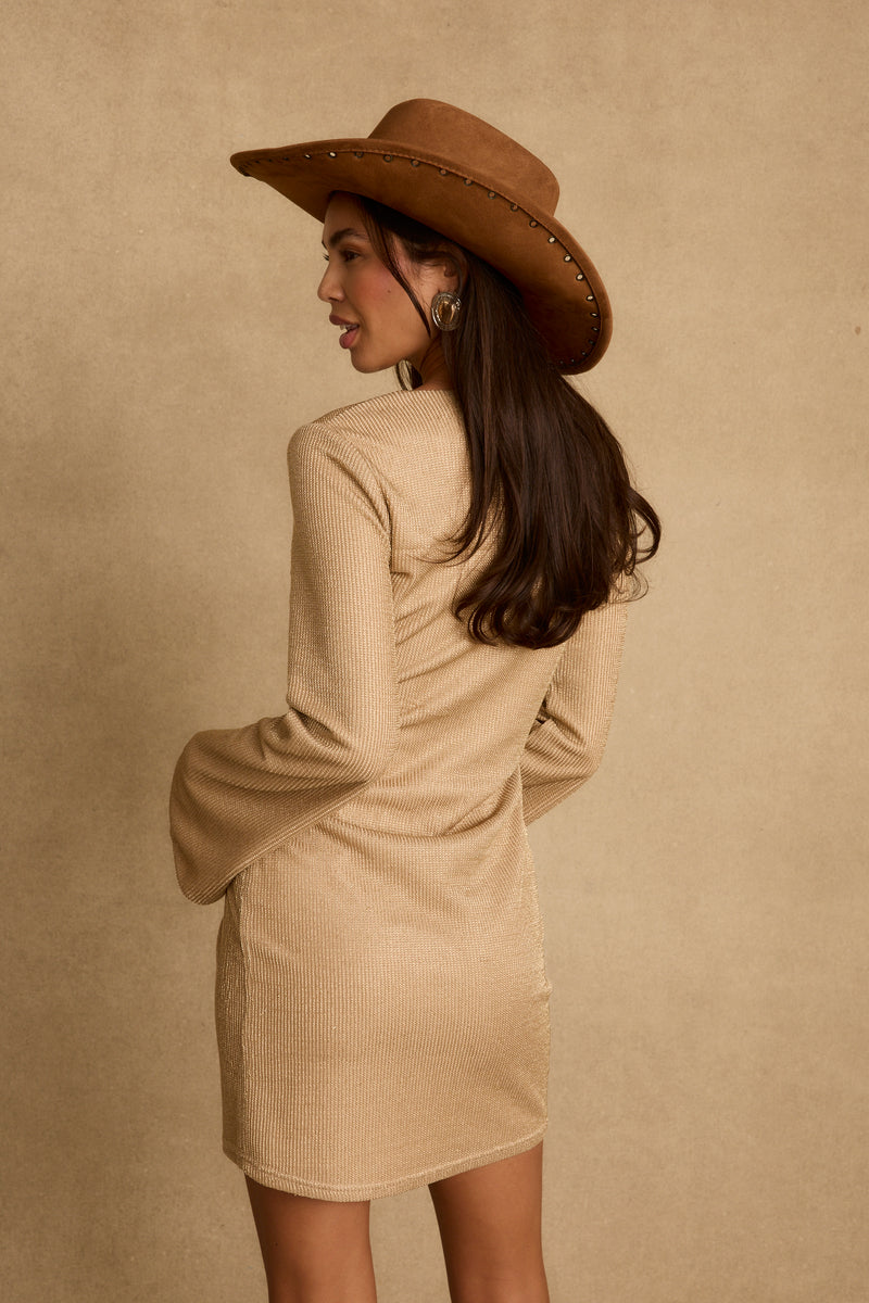 Close-up of the Nerina Gold Lurex Mini Dress showcasing the fabric texture and design details.