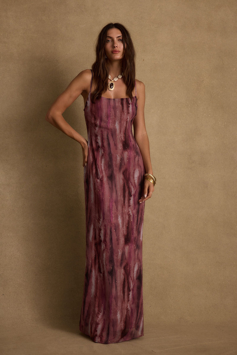 Back view of the berry chiffon maxi dress showing the silhouette and fit.