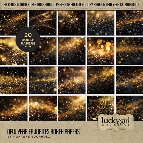 With elegant gold bokeh lights against a black background, these digital scrapbooking papers by Lucky Girl Creative digital art are great for special occasions including New Year's, graduation, wedding, anniversary, black tie events, and more! This kit is included in the New Year Favorites Papers Bundle.