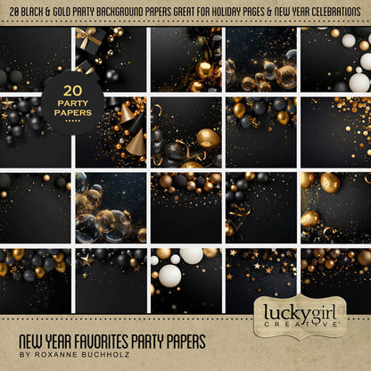 With elegant party decor against a black background, these digital scrapbooking papers by Lucky Girl Creative digital art are great for special occasions including New Year's, graduation, wedding, anniversary, black tie events, and more! Decor features balloons, starts, bubbles, confetti, party hats, and more. This kit is included in the New Year Favorites Papers Bundle.