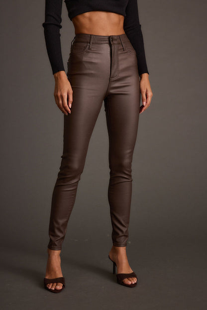 Mocha pants with refined detailing and a flattering silhouette.